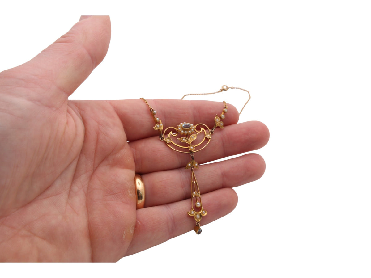 Antique-15ct-Gold-Topaz-&-Pearl-Necklace-Pendant