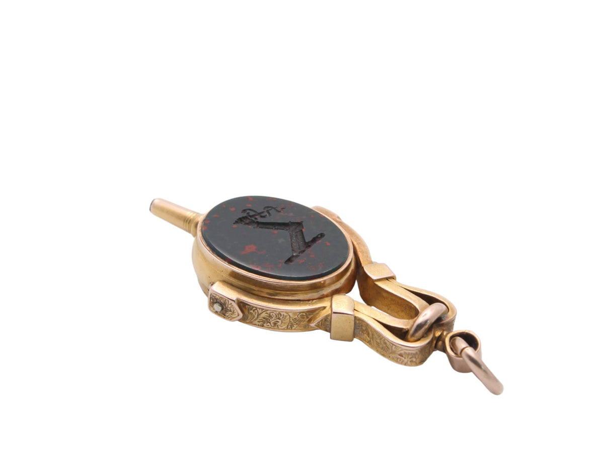 Antique-15ct-Gold-Carnelian-Bloodstone-Intaglio-Watch-Key,-Hidden-Locket