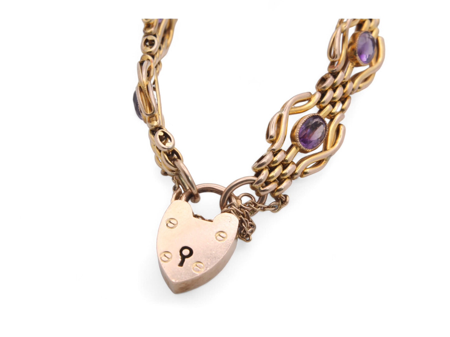 Antique 9ct Gold Amethyst Gate Bracelet With Heart Padlock, 19g