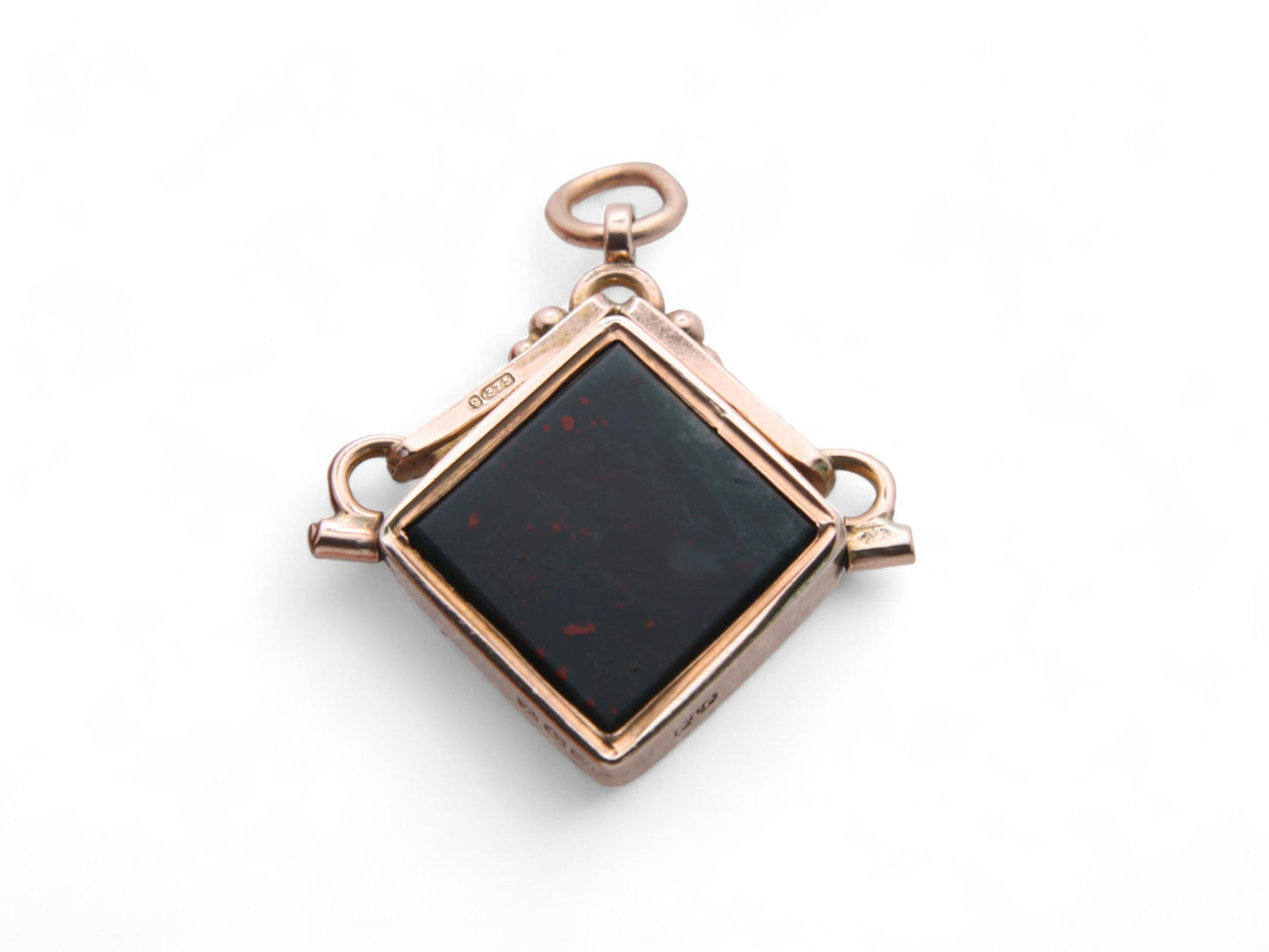 Antique 9ct Gold Bloodstone & Carnelian Square Spinner Pendant, 1924