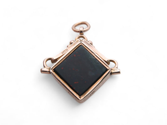 Antique 9ct Gold Bloodstone & Carnelian Square Spinner Pendant, 1924
