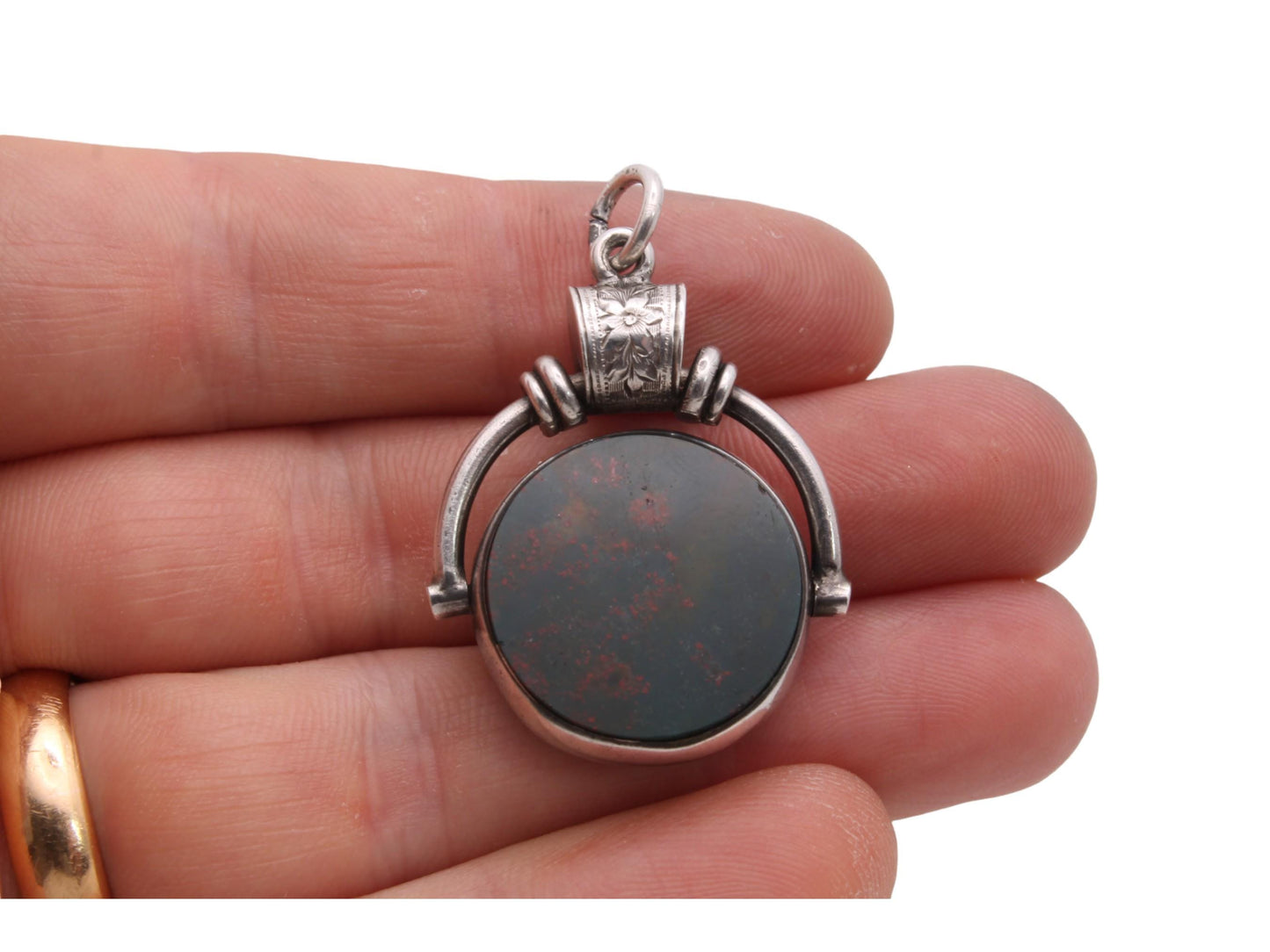 Antique Sterling Silver Bloodstone Carnelian Spinner Pendant, 1892