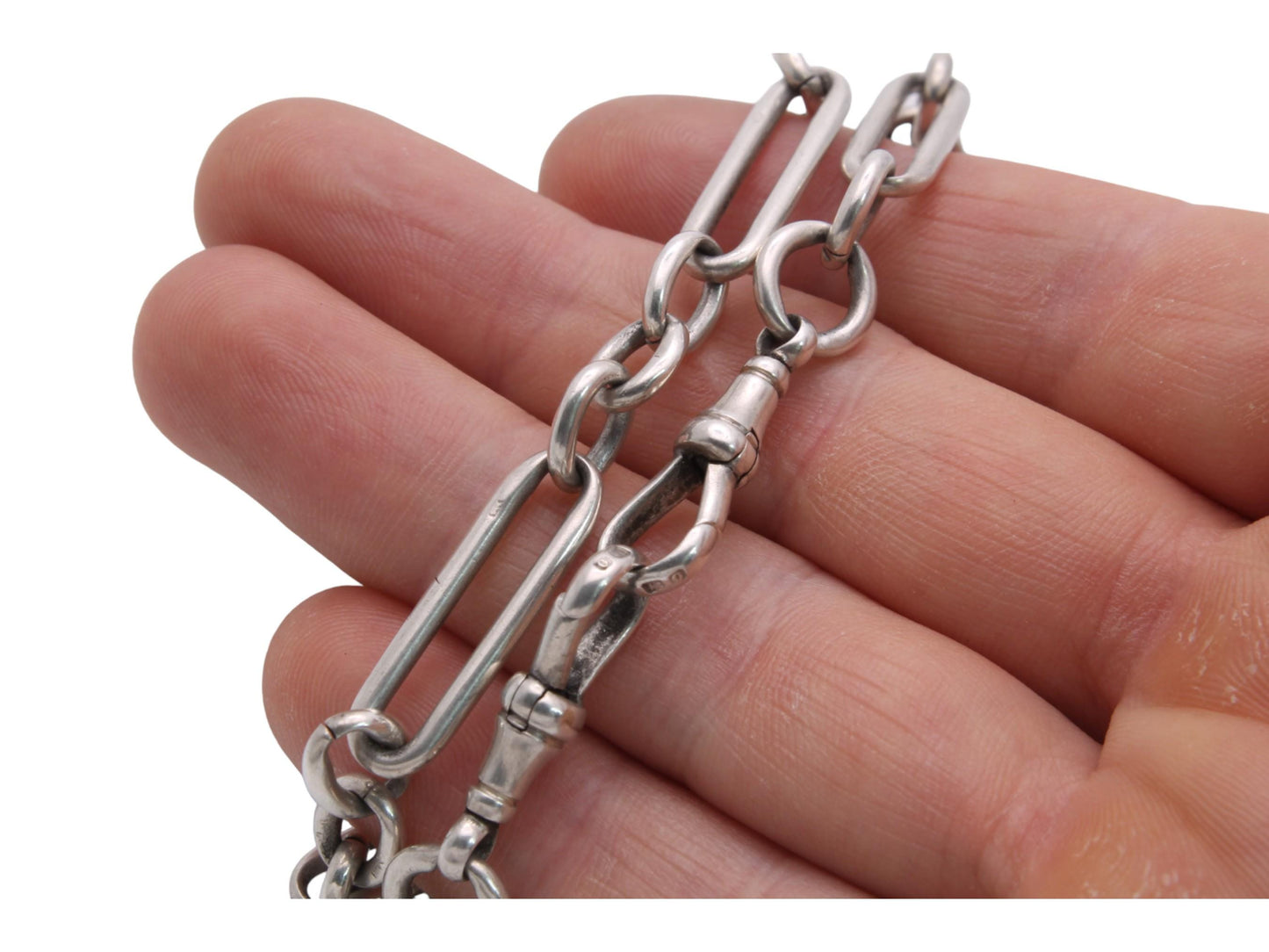Antique-Silver-Trombone-Link-Double-Albert-Watch-Chain-J.W-Benson,-18"
