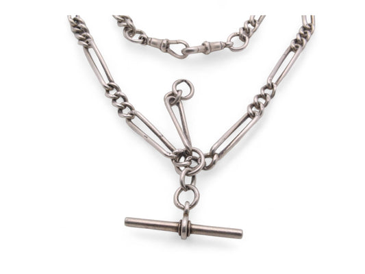 Antique Sterling Silver Twisted Trombone Link Double Albert Chain, 16.75"