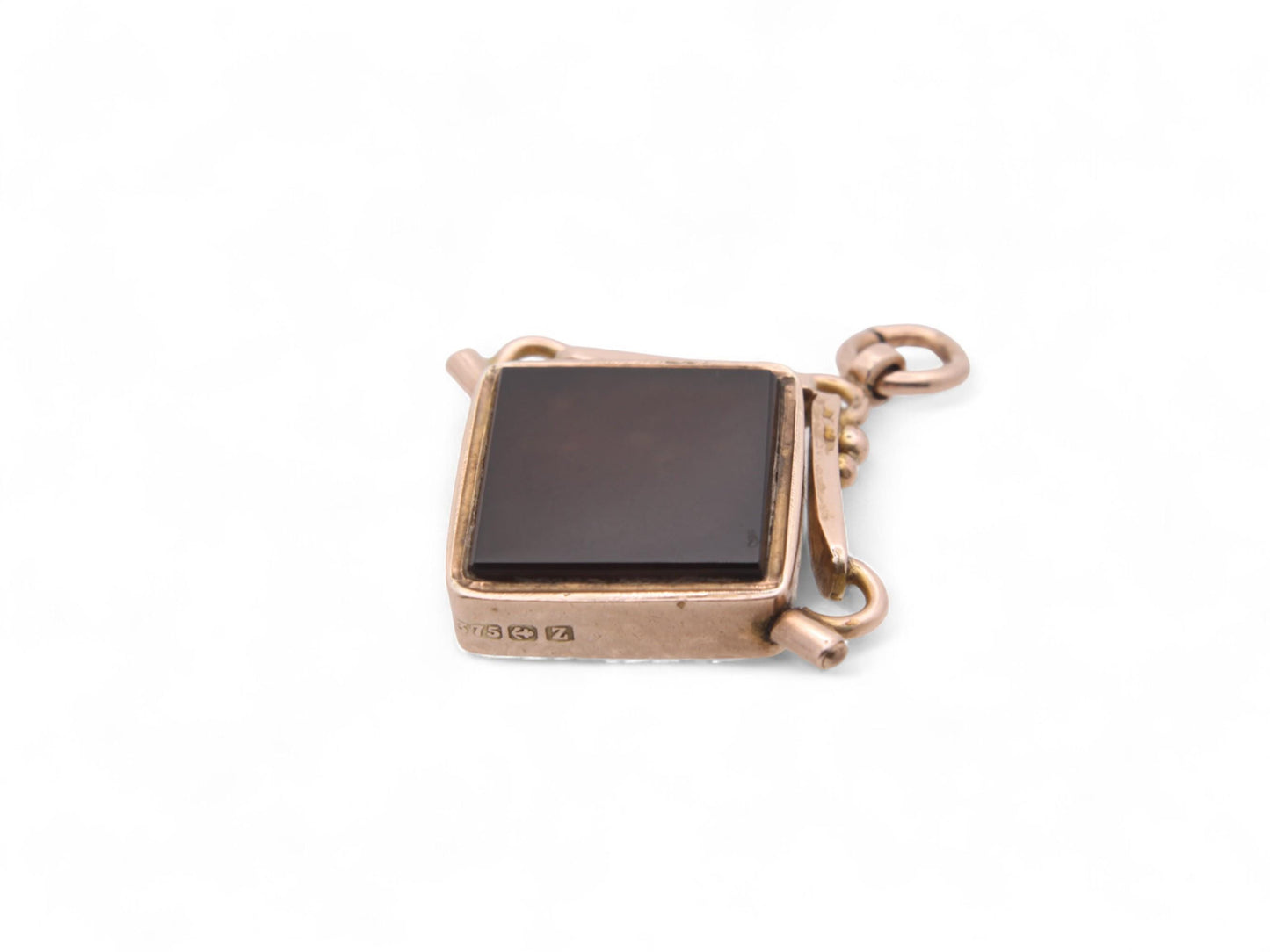 Antique 9ct Gold Bloodstone & Carnelian Square Spinner Pendant, 1924
