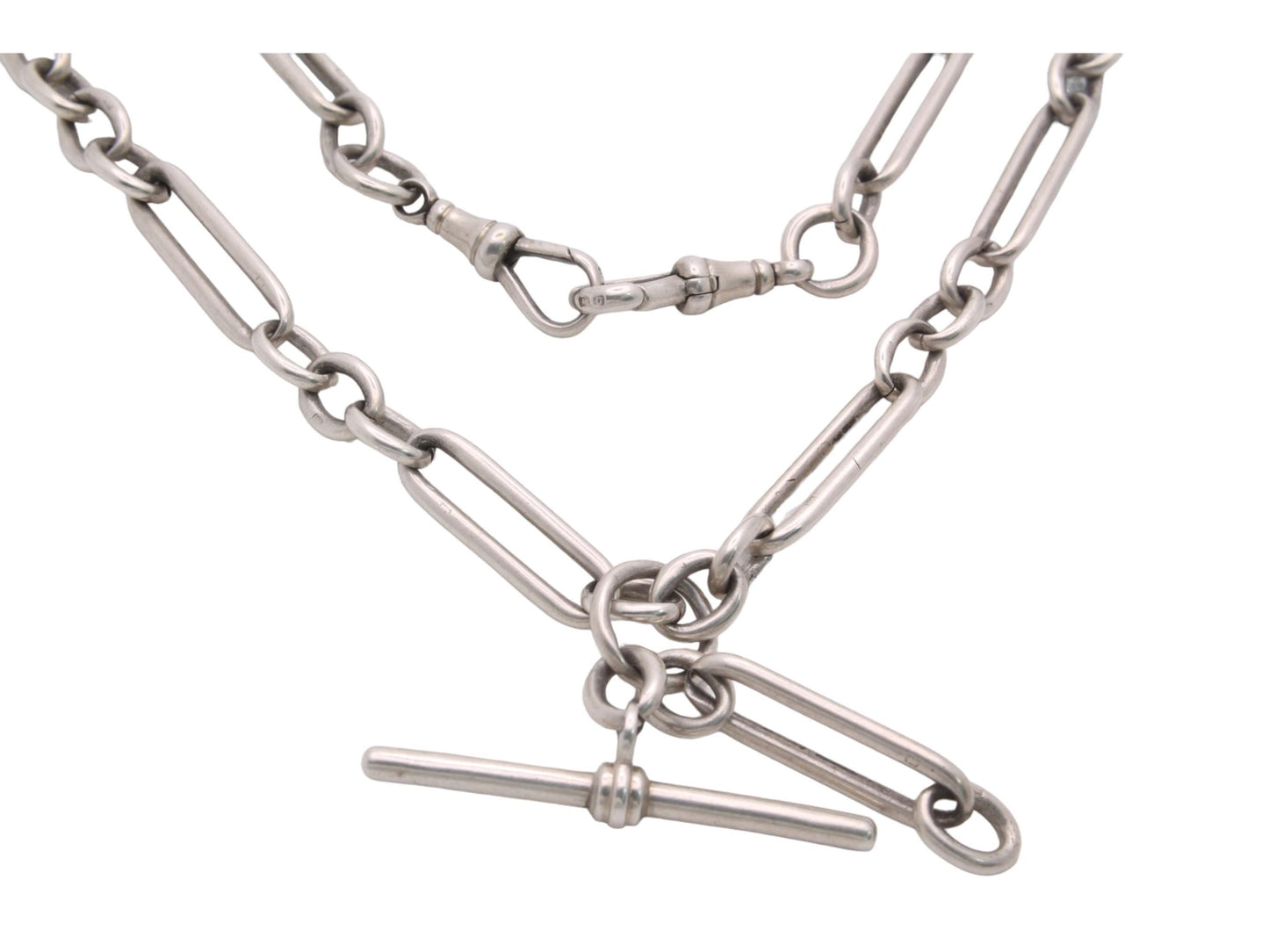 Antique Silver Trombone Link Double Albert Watch Chain J.W Benson, 18"