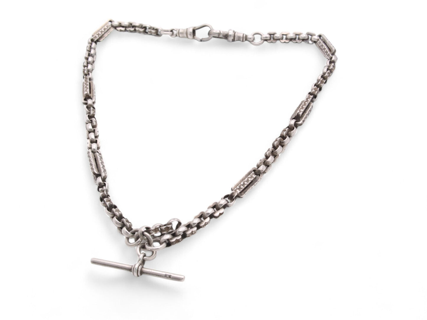 Antique-Sterling-Silver-Fancy-Star-Link-Double-Albert-Chain,-15.75"