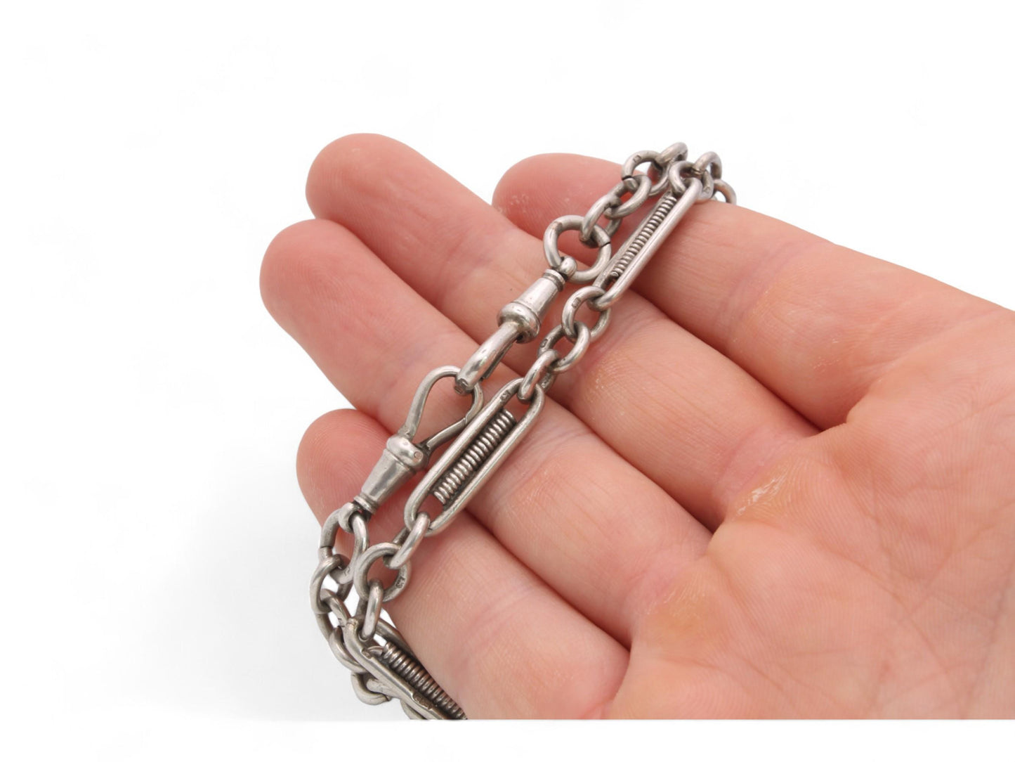 Antique-Sterling-Silver-Trombone-Link-Albert-Chain,-16.5"