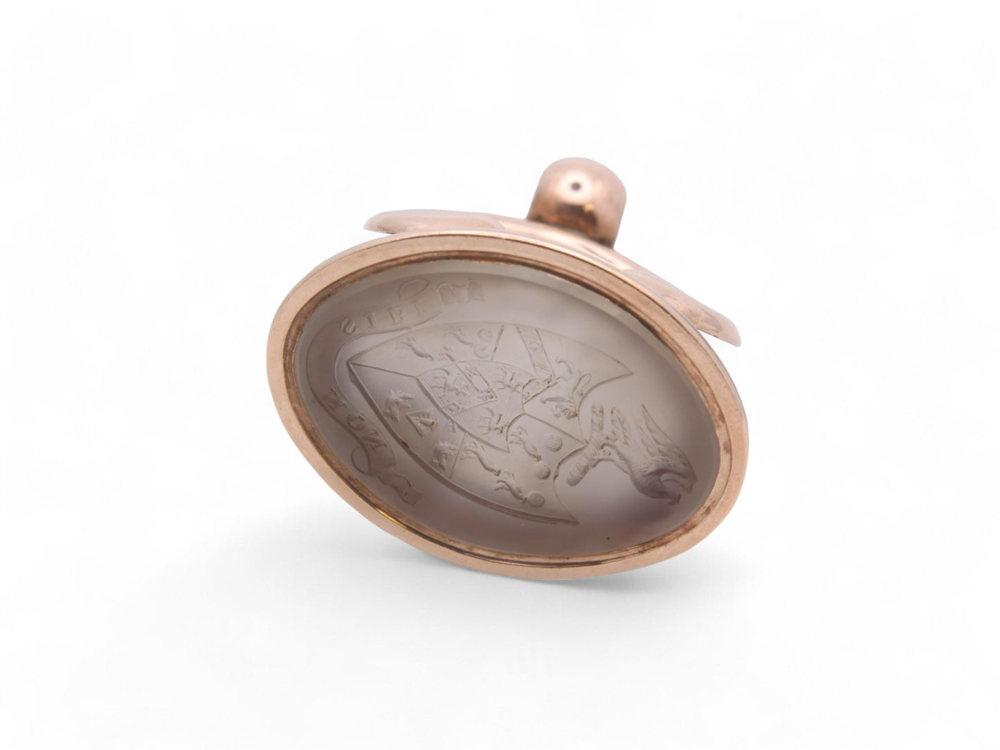 Antique-9ct-Gold-Chalcedony-Intaglio-"NOT-FOR-ONESELF"-Phoenix-Crest-Seal