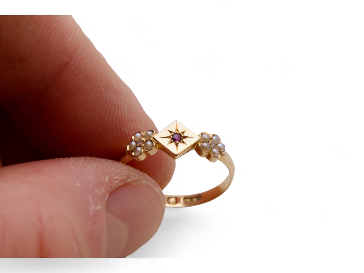 Antique 18ct Gold Ruby Pearl Flower Ring