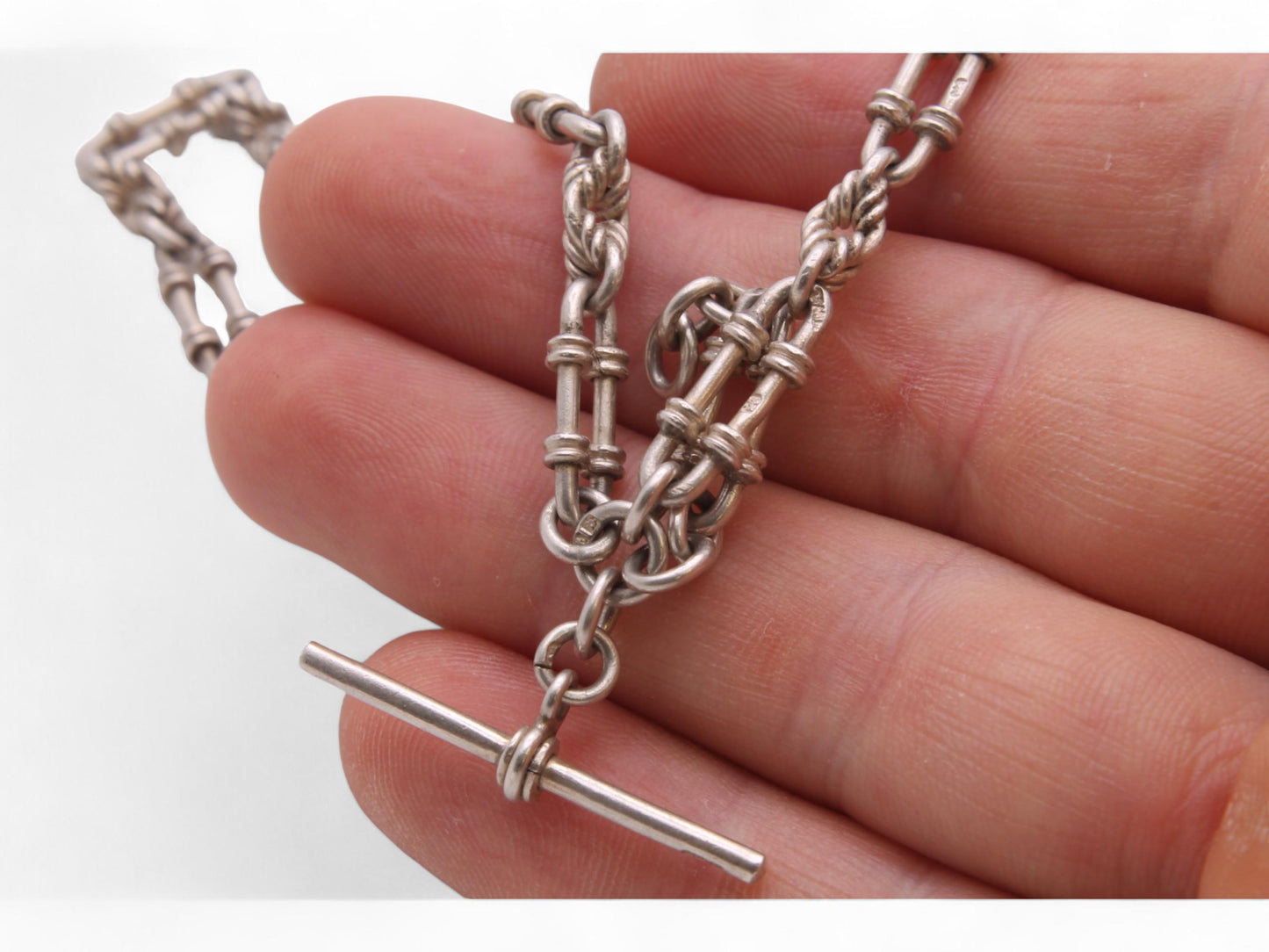 Antique Sterling Silver Lovers Knot Trombone Link Albert Chain Necklace, 15"