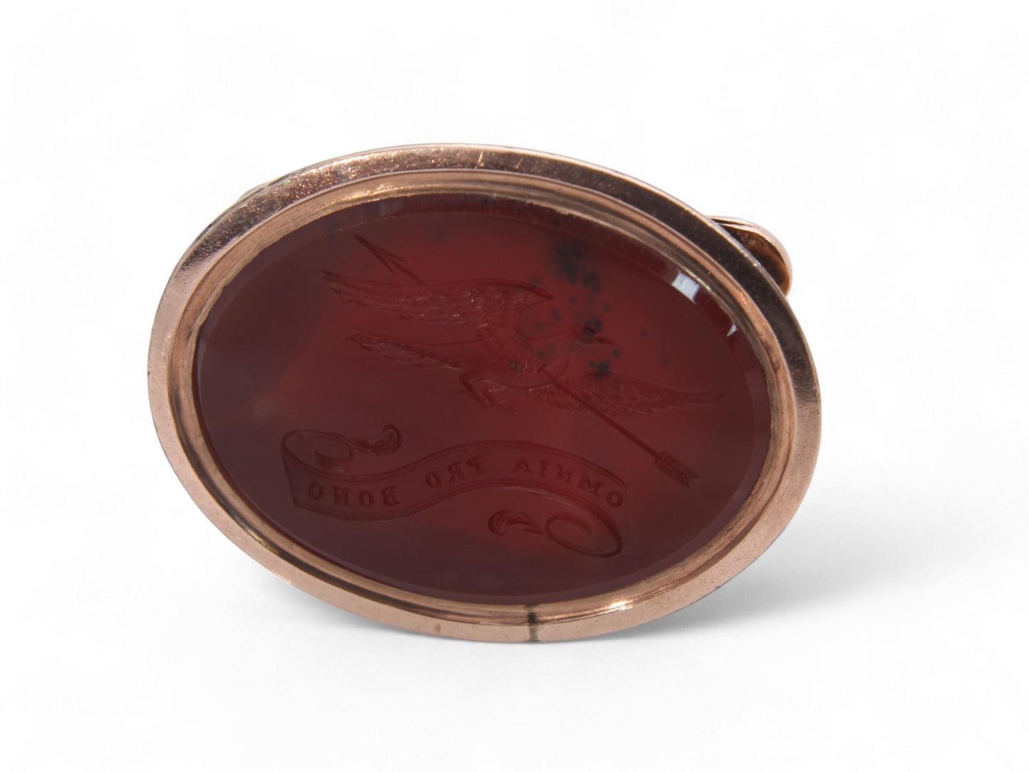 Antique-9ct-Gold-Carnelian-Raven-Intaglio-"All-Things-For-The-Good"-Pendant-Seal