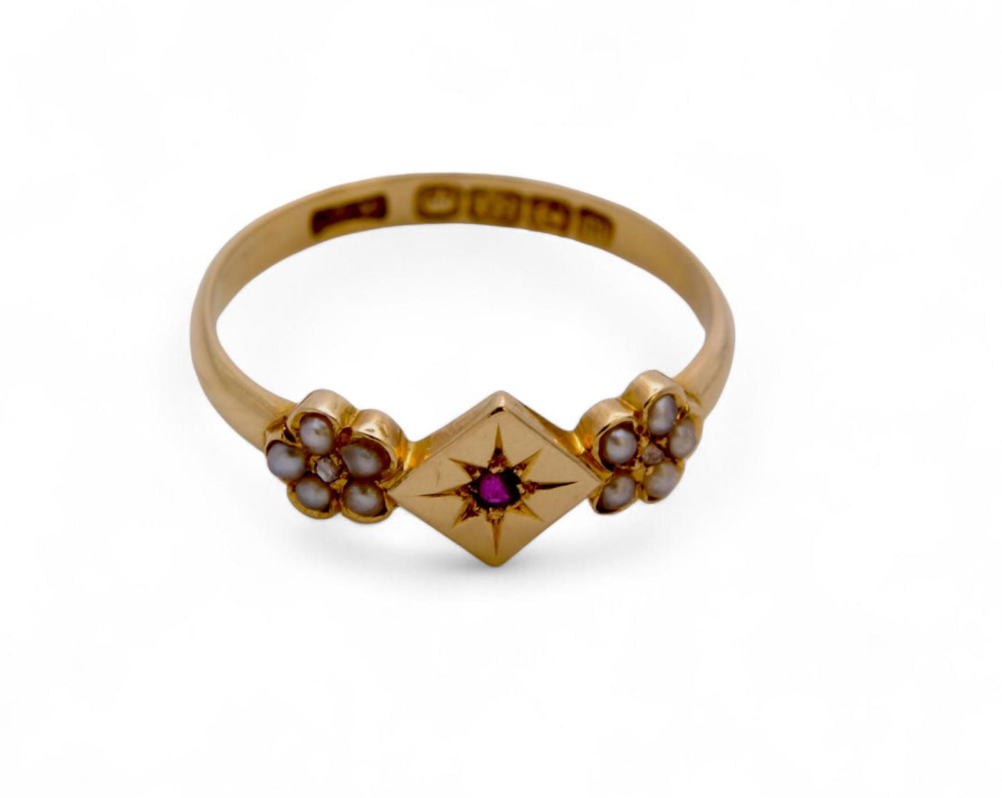 Antique 18ct Gold Ruby Pearl Flower Ring