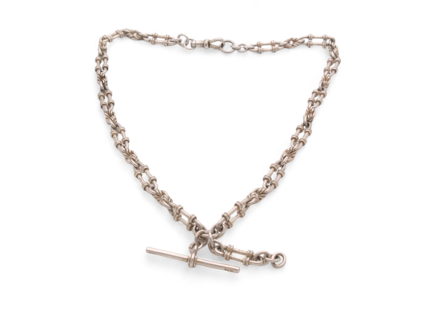 Antique Sterling Silver Lovers Knot Trombone Link Albert Chain Necklace, 15"