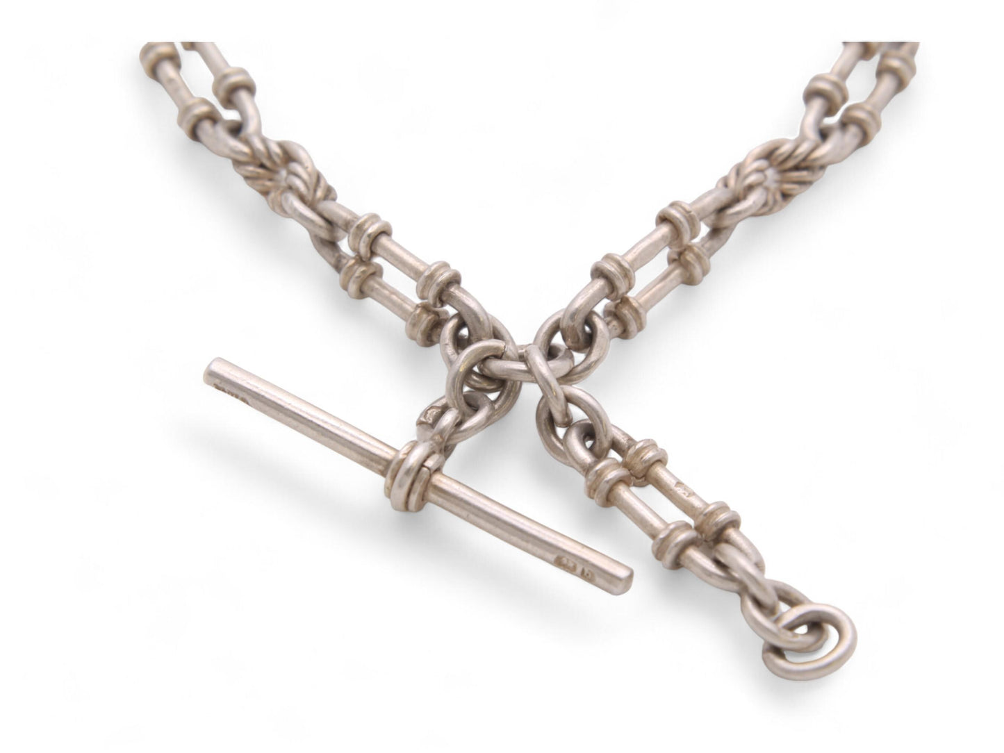 Antique Sterling Silver Lovers Knot Trombone Link Albert Chain Necklace, 15"