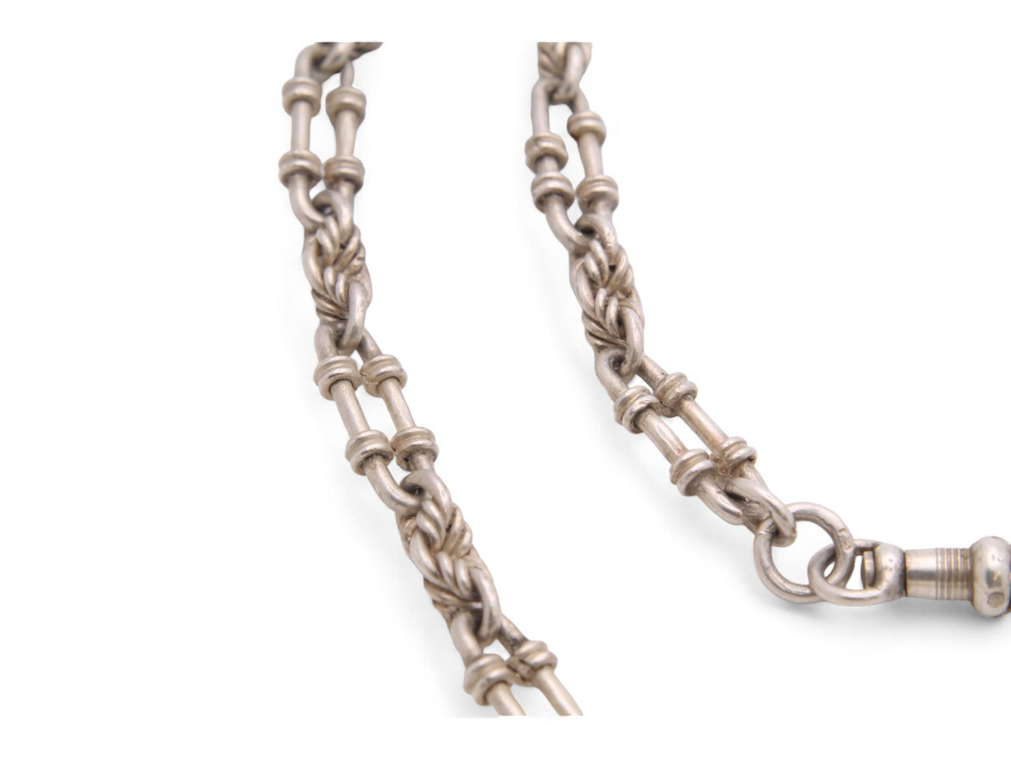 Antique Sterling Silver Lovers Knot Trombone Link Albert Chain Necklace, 15"