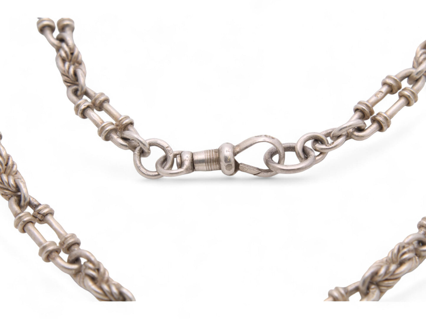 Antique Sterling Silver Lovers Knot Trombone Link Albert Chain Necklace, 15"
