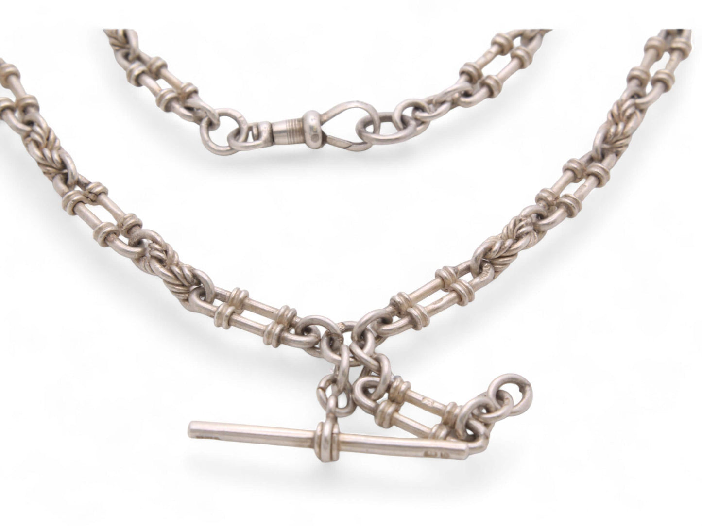 Antique Sterling Silver Lovers Knot Trombone Link Albert Chain Necklace, 15"