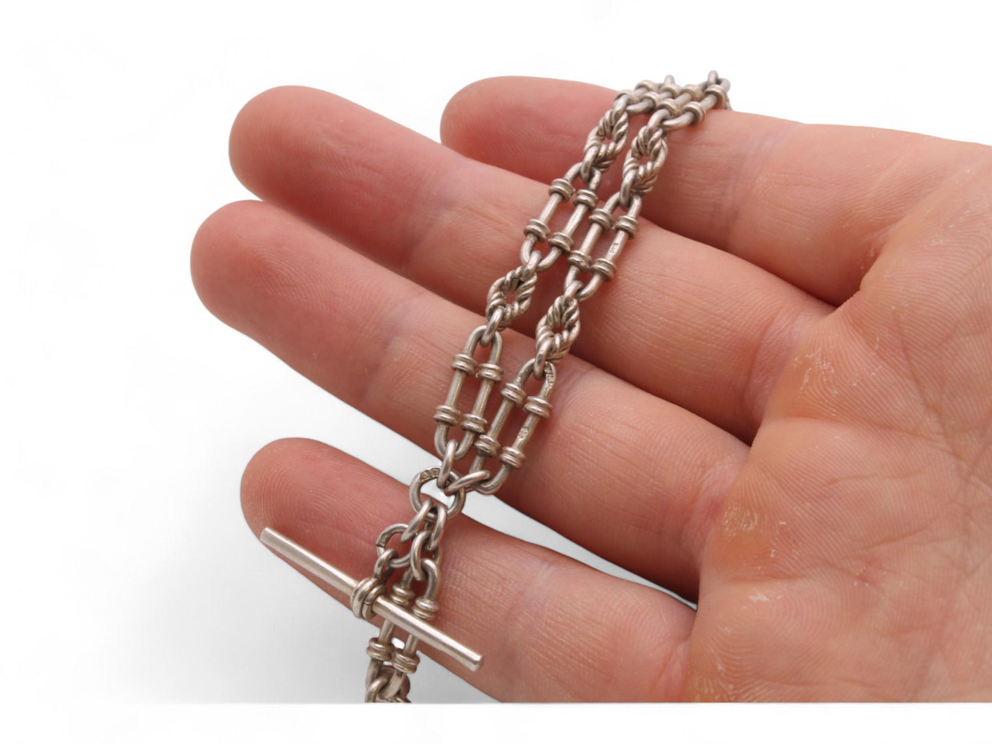 Antique Sterling Silver Lovers Knot Trombone Link Albert Chain Necklace, 15"