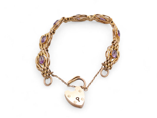 Antique 9ct Gold Amethyst Gate Bracelet With Heart Padlock, 19g