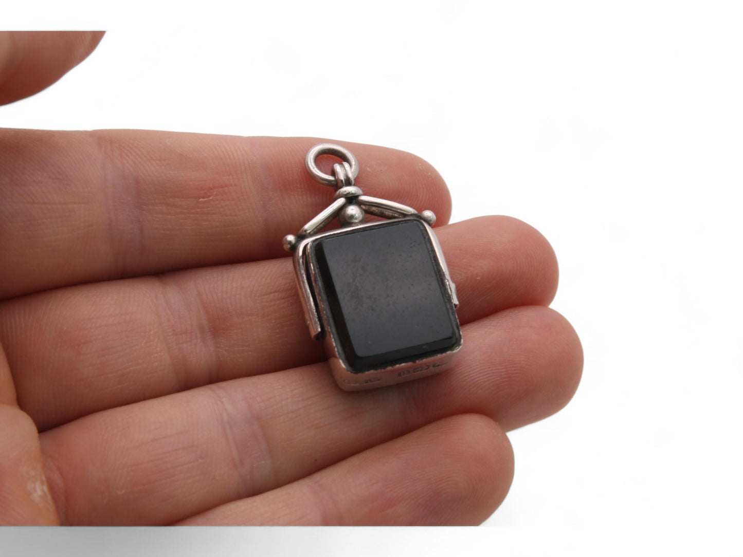 Antique-Sterling-Silver-Bloodstone-Carnelian-Spinner-Pendant,-1887