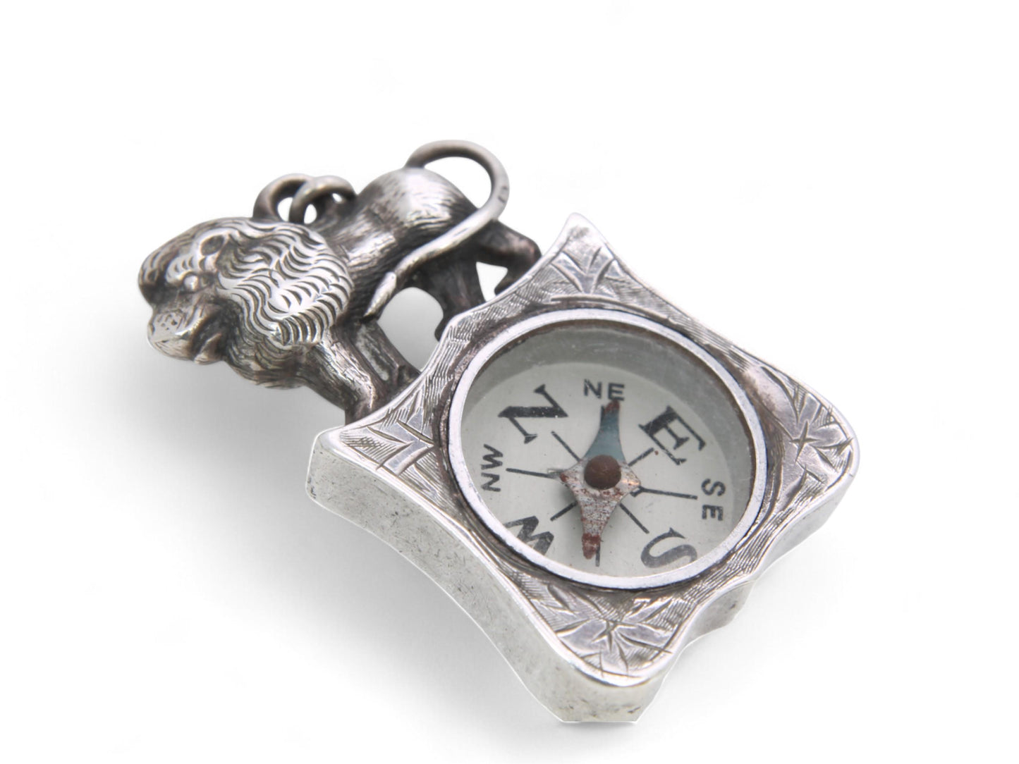 Antique Sterling Silver Lion Mounted Compass Pendant