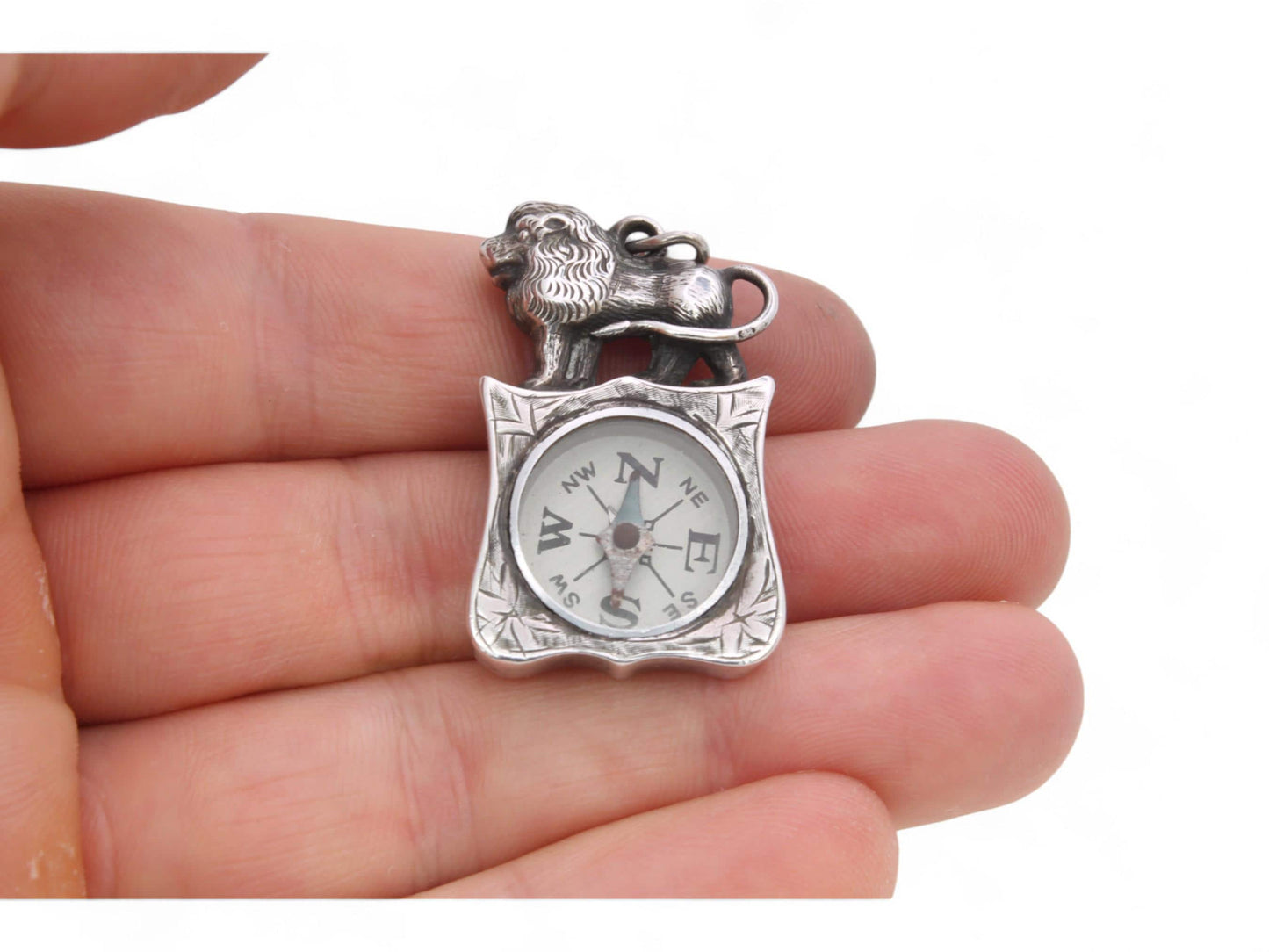 Antique Sterling Silver Lion Mounted Compass Pendant