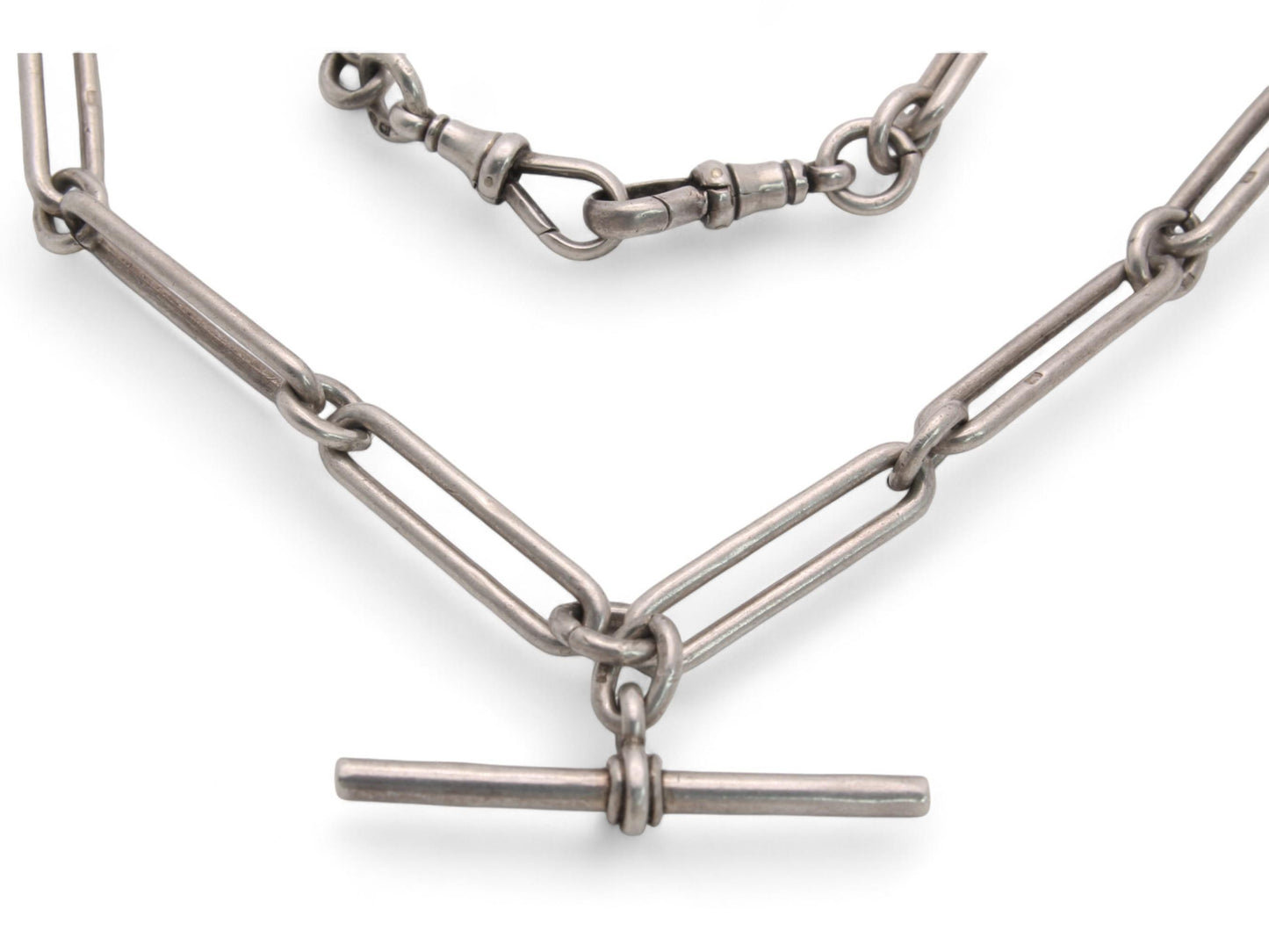 Antique Sterling Silver Trombone Link Double Albert Chain, 14.3"