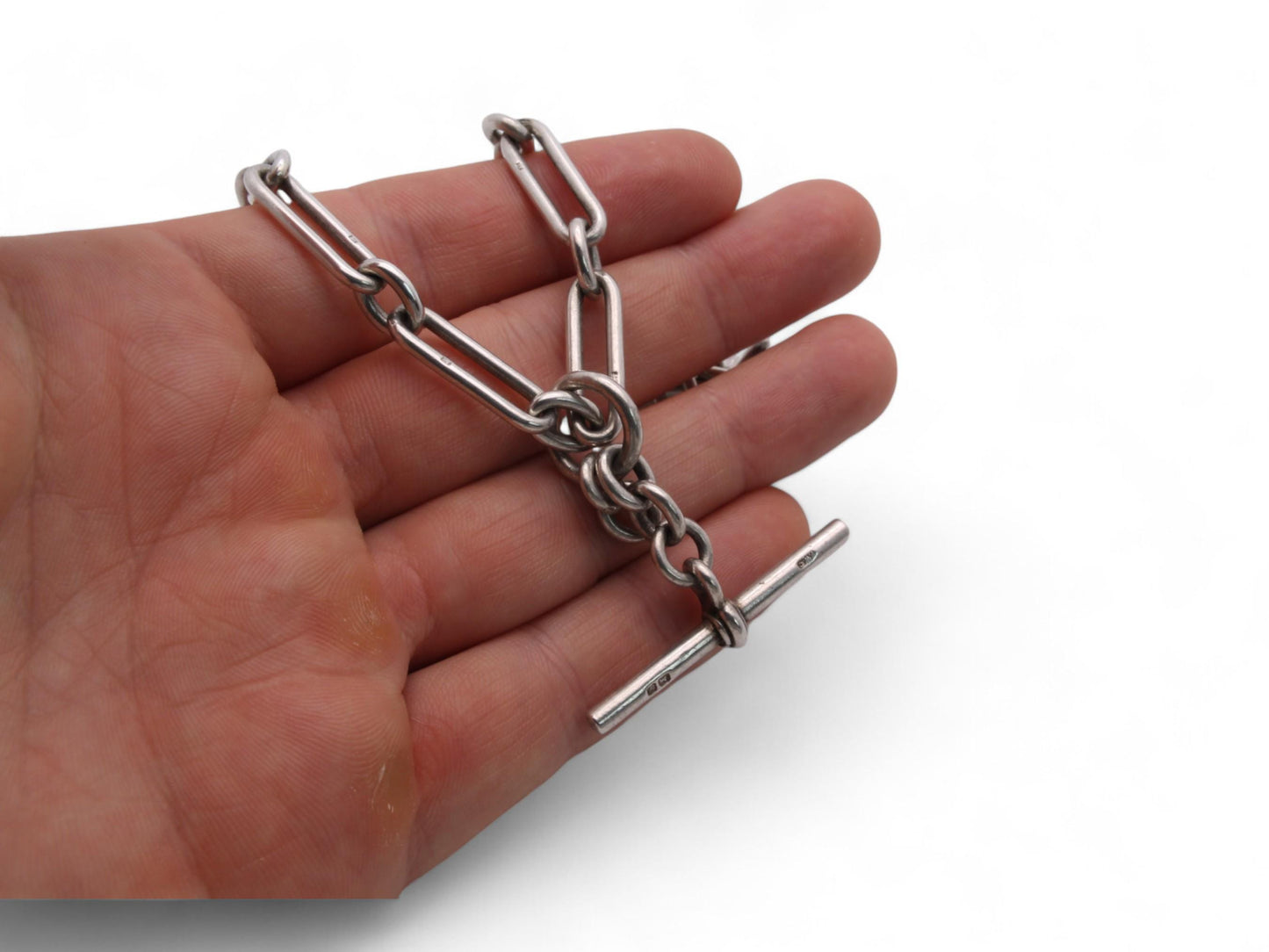 Antique-Sterling-Silver-Trombone-Link-Double-Albert-Chain,-16"