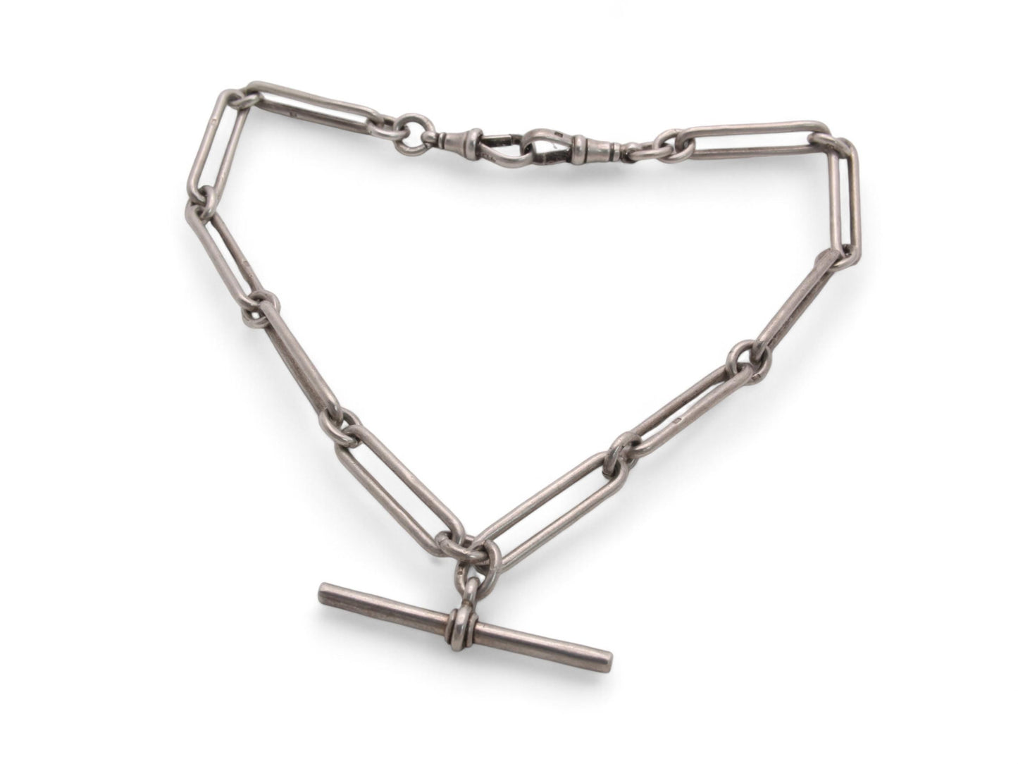 Antique Sterling Silver Trombone Link Double Albert Chain, 14.3"
