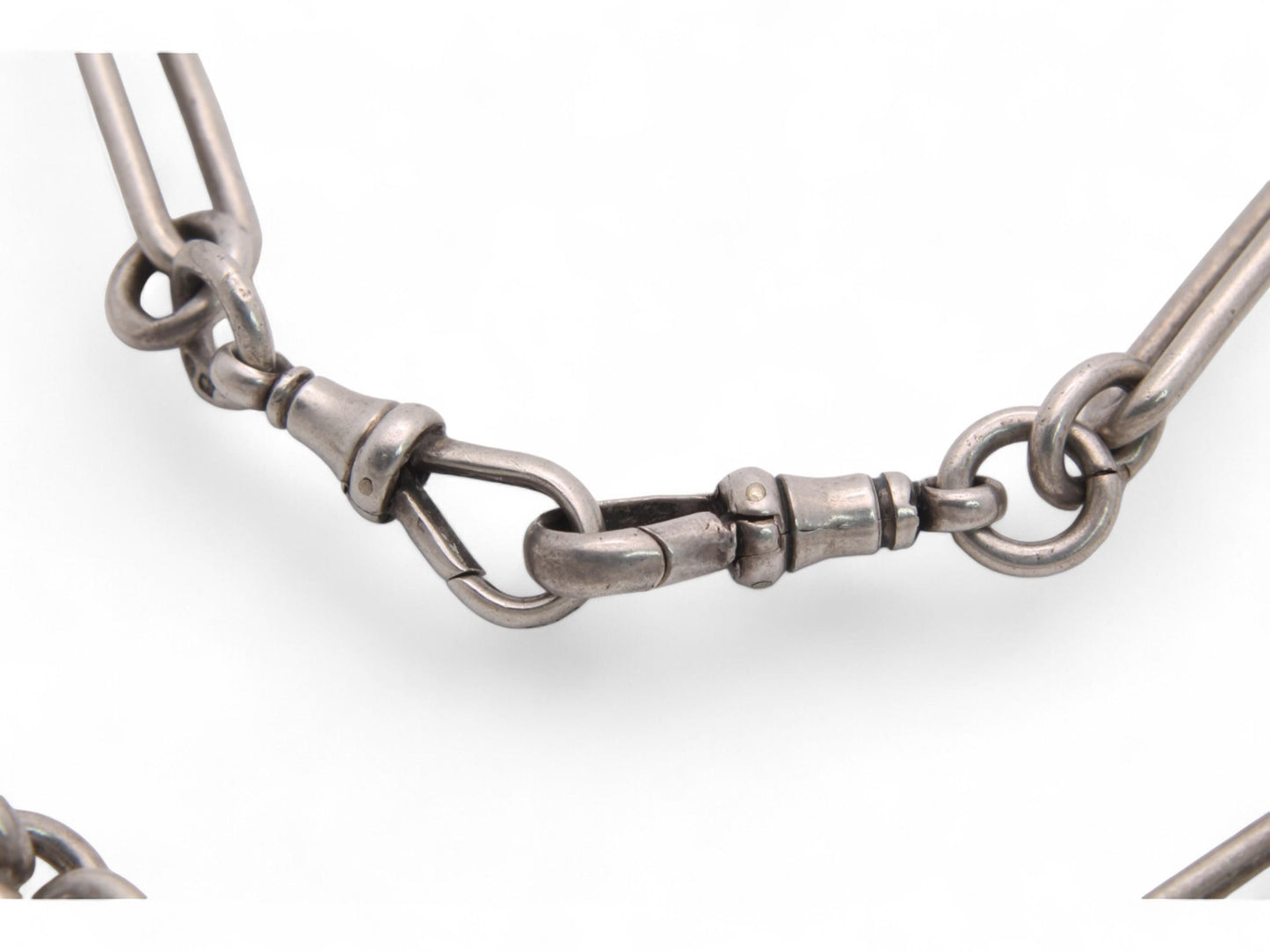 Antique Sterling Silver Trombone Link Double Albert Chain, 14.3"