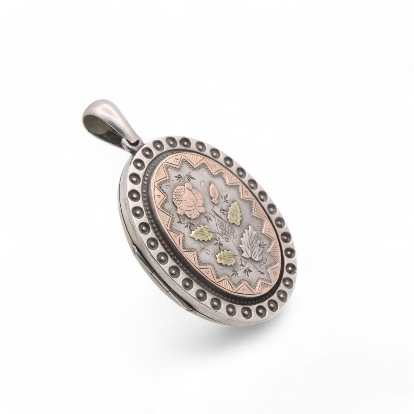Antique Sterling Silver Locket: Rose & Green Gold Tulips, Victorian 1884