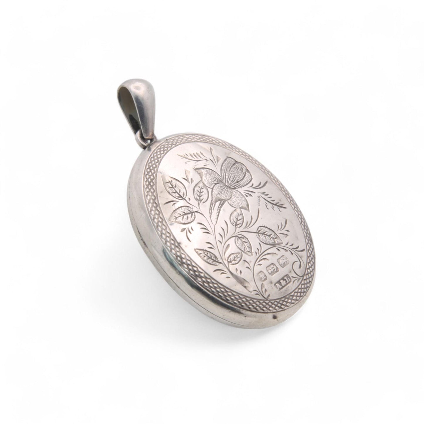 Antique Sterling Silver Locket: Rose & Green Gold Tulips, Victorian 1884