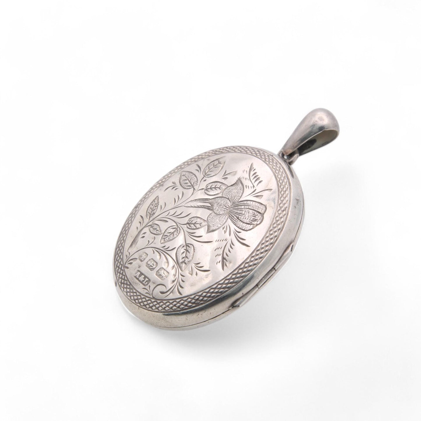 Antique Sterling Silver Locket: Rose & Green Gold Tulips, Victorian 1884