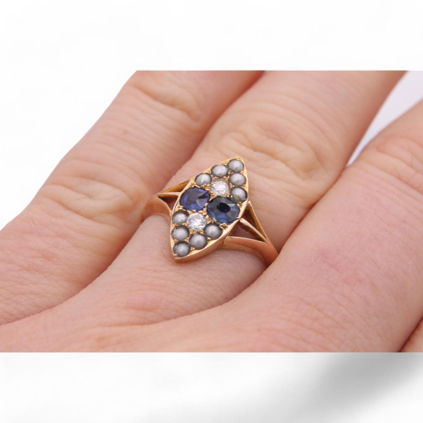 Antique 15ct Gold Sapphire Diamond Navette Ring