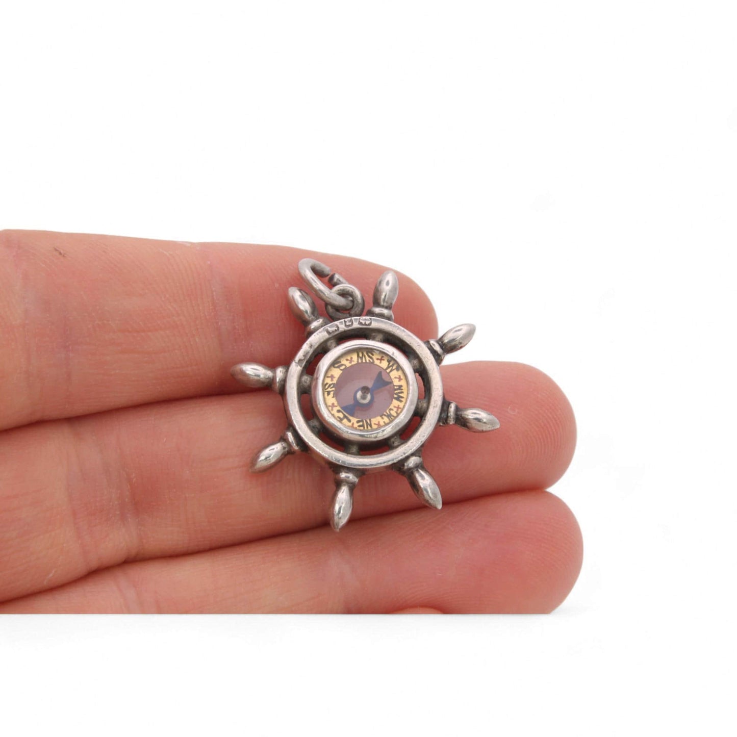 Antique-Sterling-Silver-Ships-Wheel-Compass-Pendant