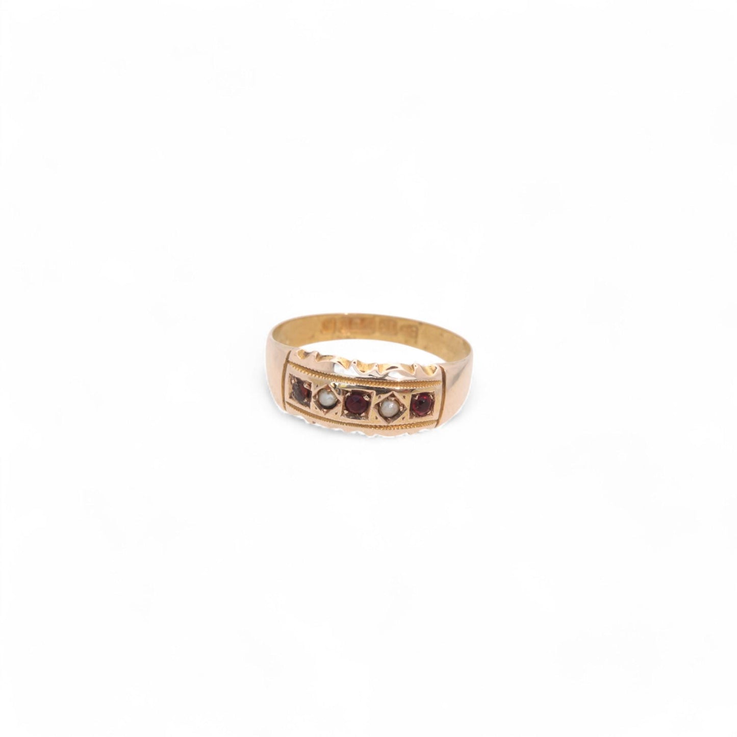 Antique 15ct Yellow Gold Garnet Pearl Gypsy Ring, 1885
