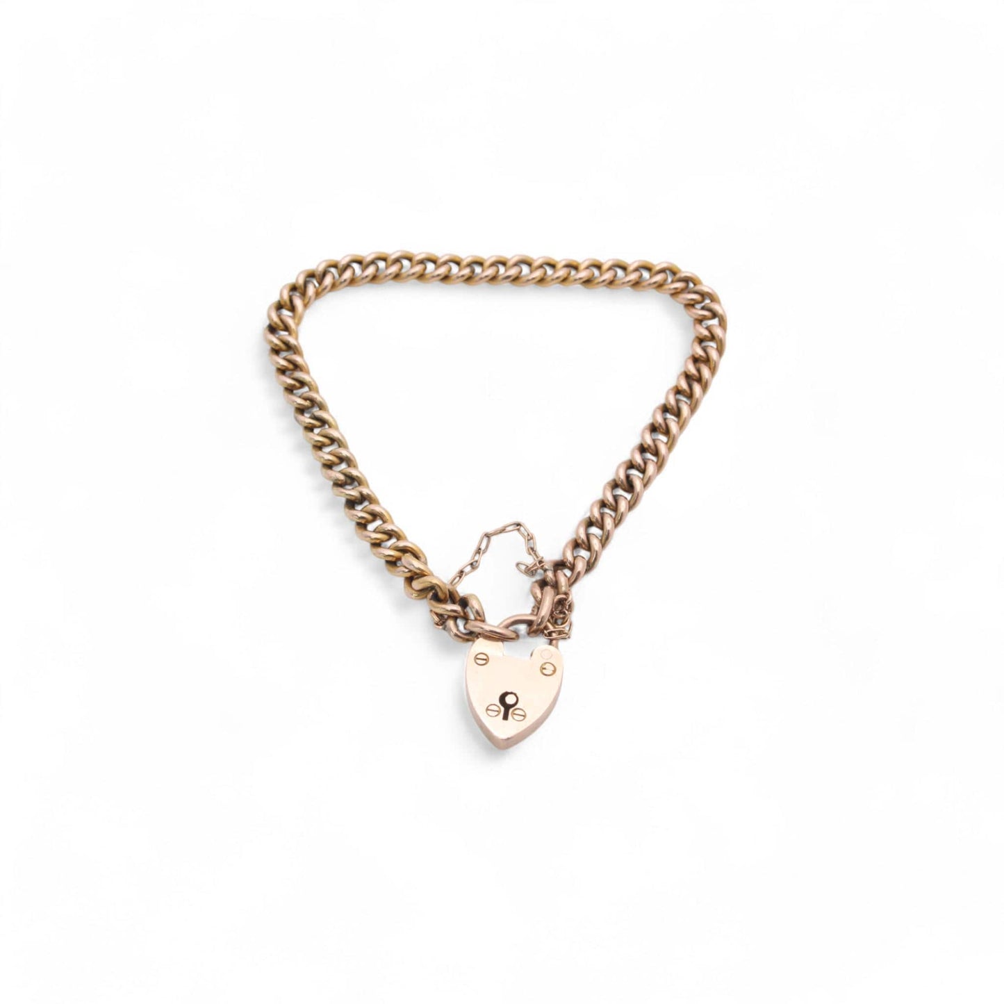 Antique 9ct Gold Heart Padlock Gate Bracelet, 6.75"