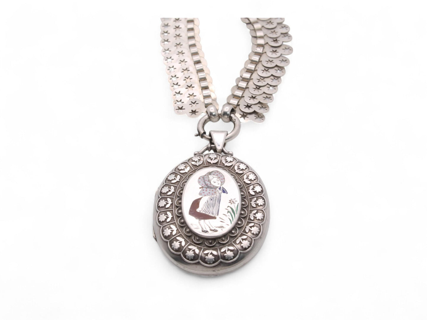 Antique Sterling Silver Star Collar With Enamelled Bo Peep Locket, 1882