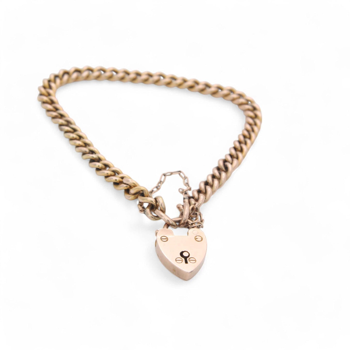 Antique 9ct Gold Heart Padlock Gate Bracelet, 6.75"