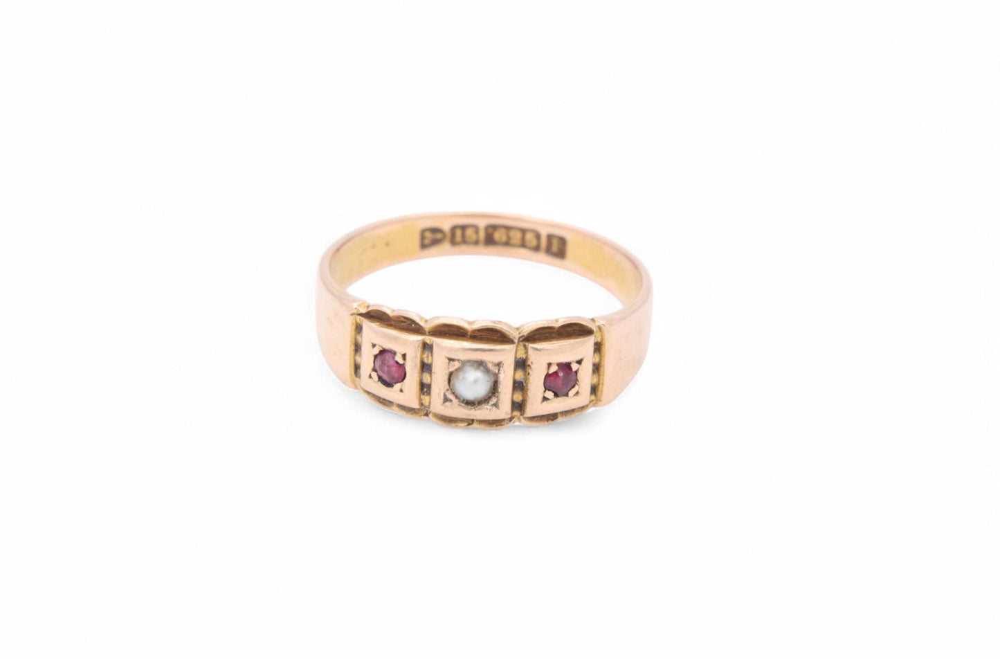 Antique 15ct Gold Ruby & Pearl Gypsy Ring, 1889