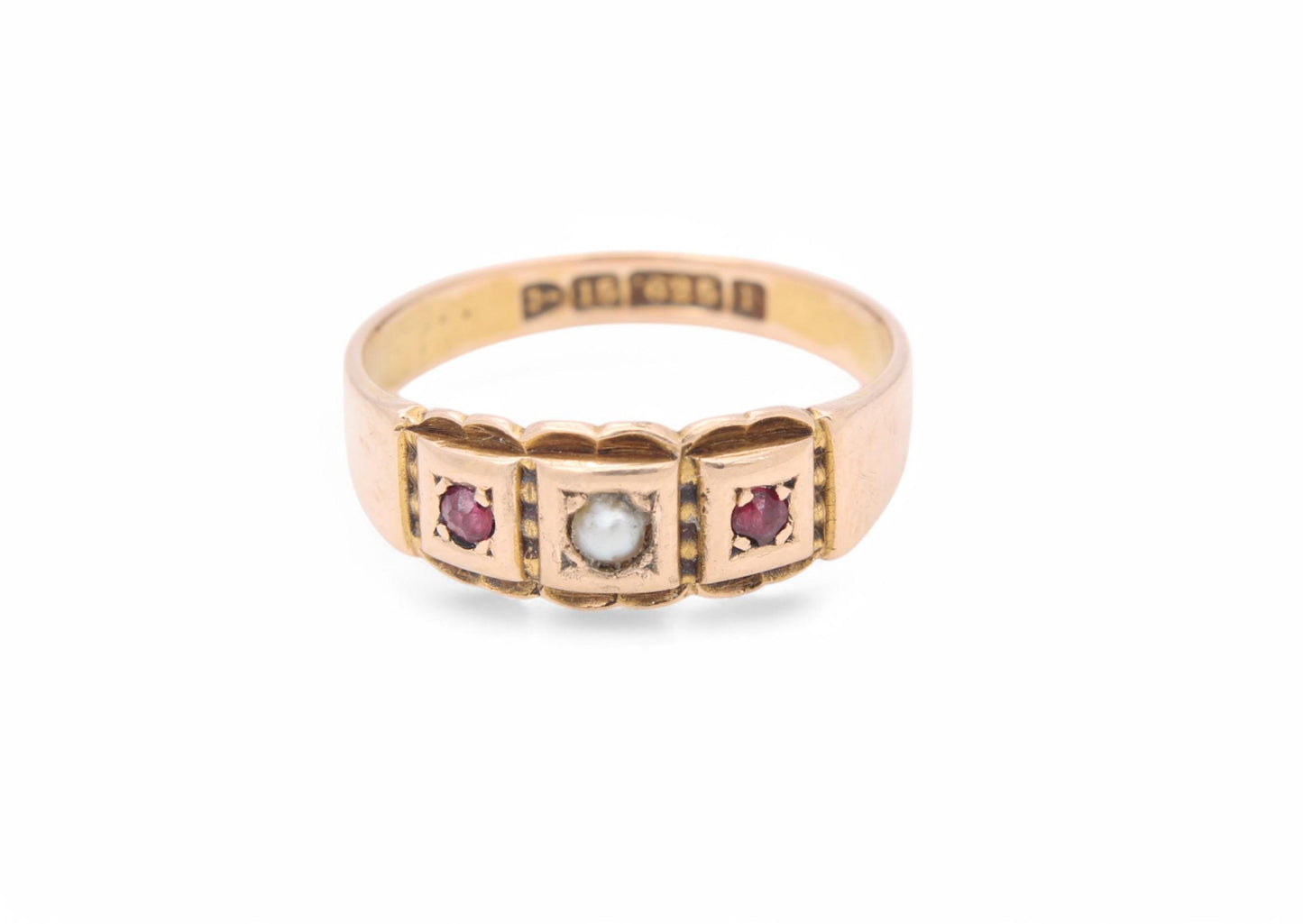 Antique 15ct Gold Ruby & Pearl Gypsy Ring, 1889