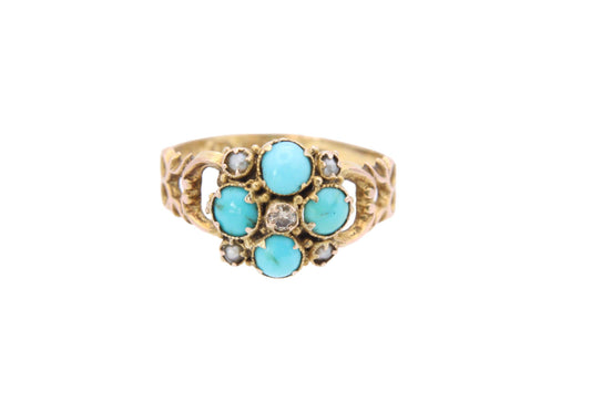Antique 12.5ct Gold, Diamond And Turquoise Forget Me Not Ring, 1868