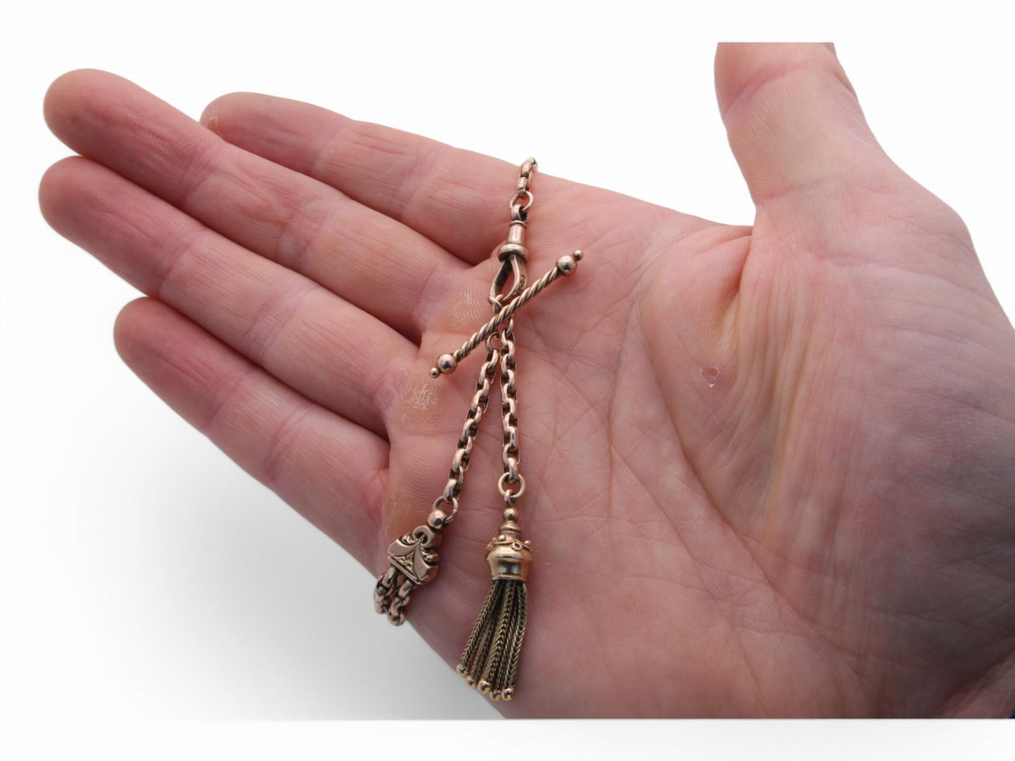 RESERVED---Antique-9ct-Gold-Albertina-Tassel-Bracelet,-8"