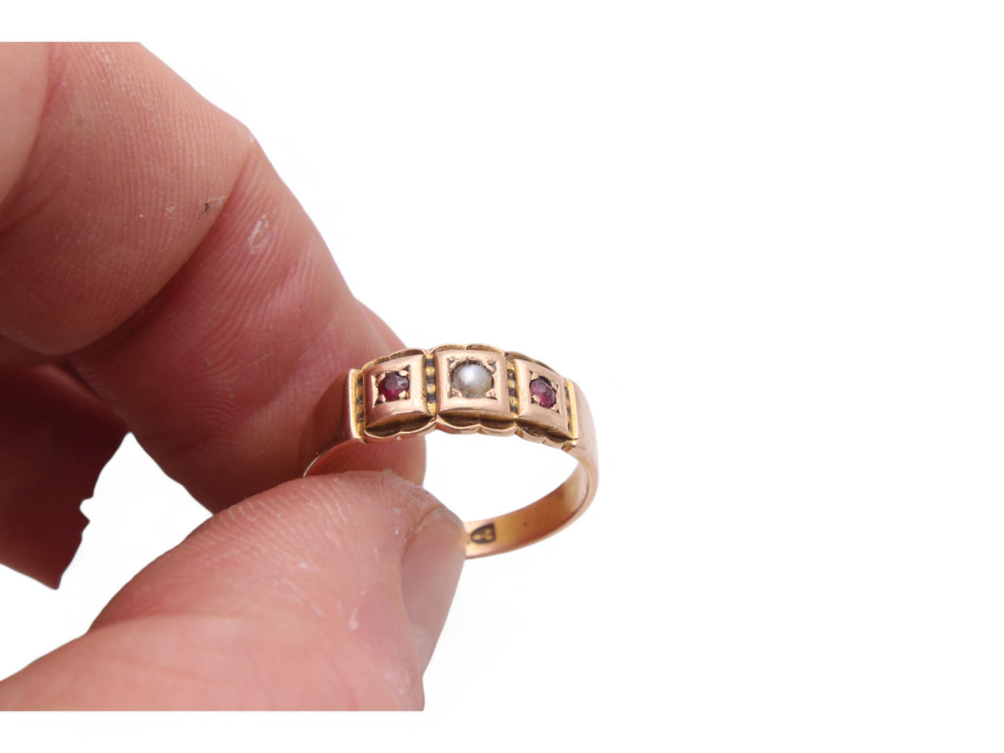 Antique 15ct Gold Ruby & Pearl Gypsy Ring, 1889