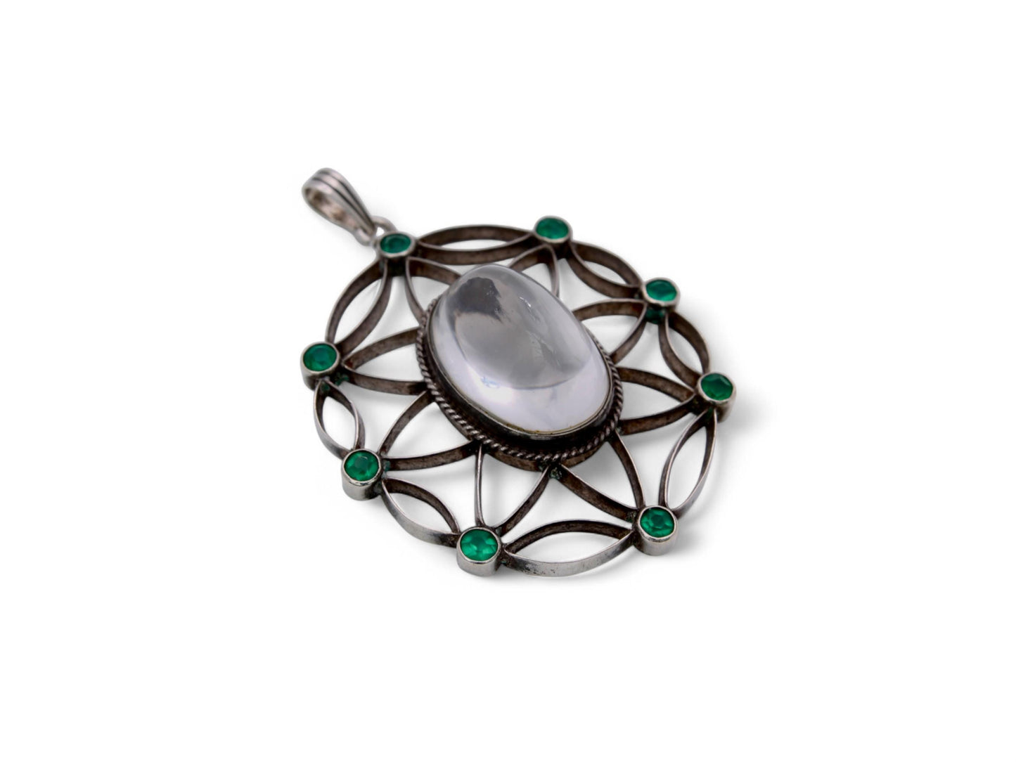 Antique Silver 830 Scandinavian Rock Crystal Green Paste Pendant
