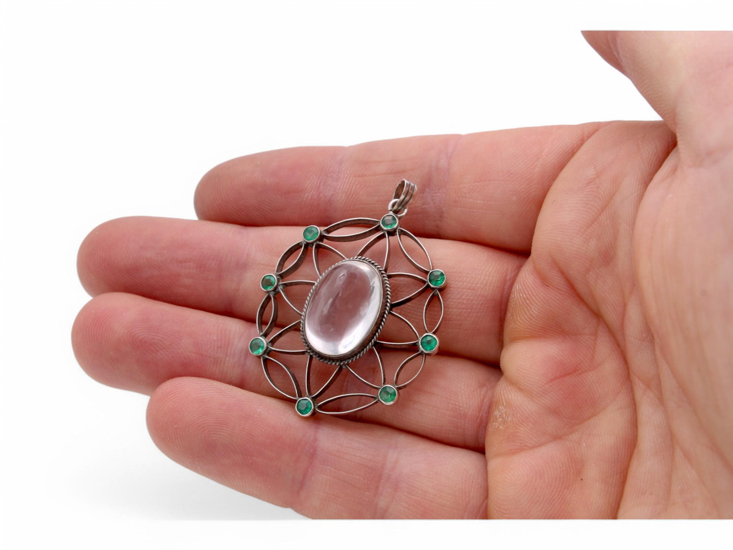 Antique-Silver-830-Scandinavian-Rock-Crystal-Green-Paste-Pendant