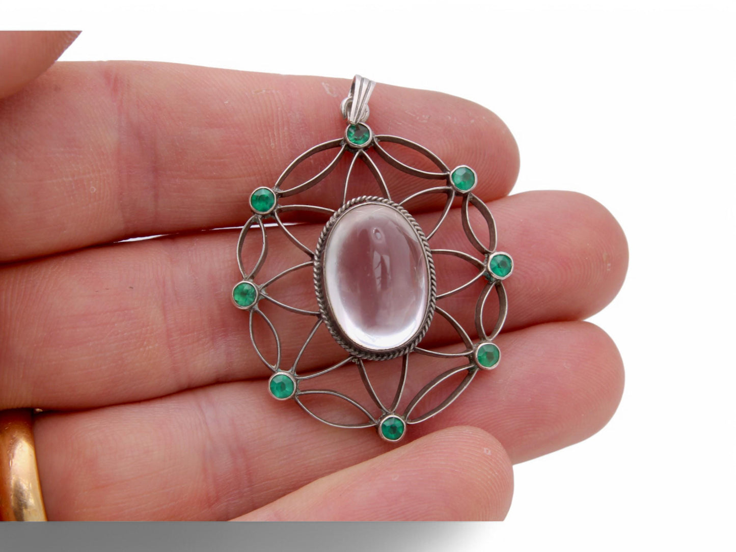 Antique Silver 830 Scandinavian Rock Crystal Green Paste Pendant