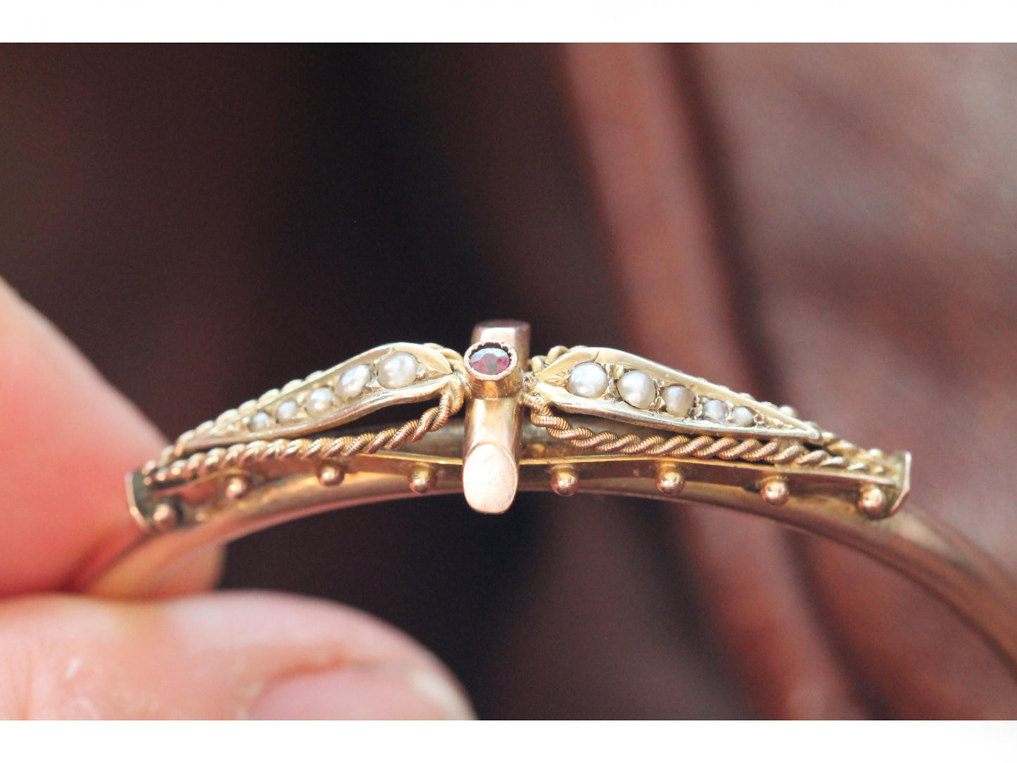 Antique 9ct Gold Ruby Pearl Bangle, 6"