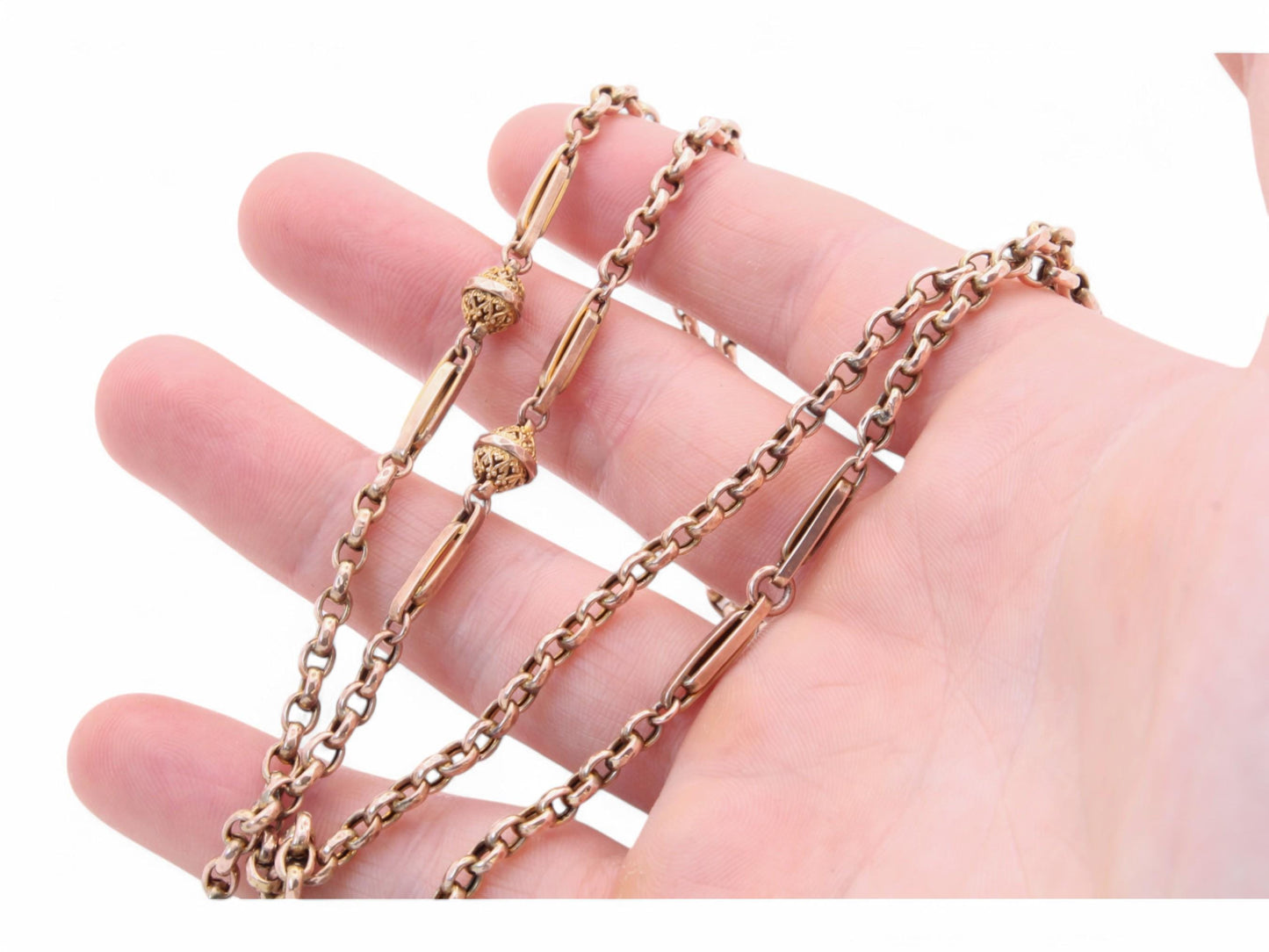 Antique 9ct Gold Fancy Fetter & Ball Link Necklace Long Guard, 31.5"